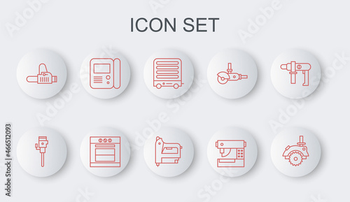 Set line Electric circular saw, Construction jackhammer, heater, Sewing machine, Chainsaw, House intercom system, Oven and construction stapler icon. Vector