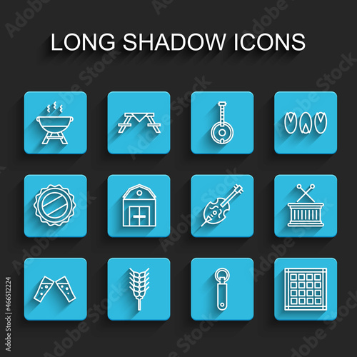 Set line Glass of beer, Wheat, Barbecue grill, Bottle opener, Checkered napkin, Farm House, Musical drum and sticks and Violin icon. Vector