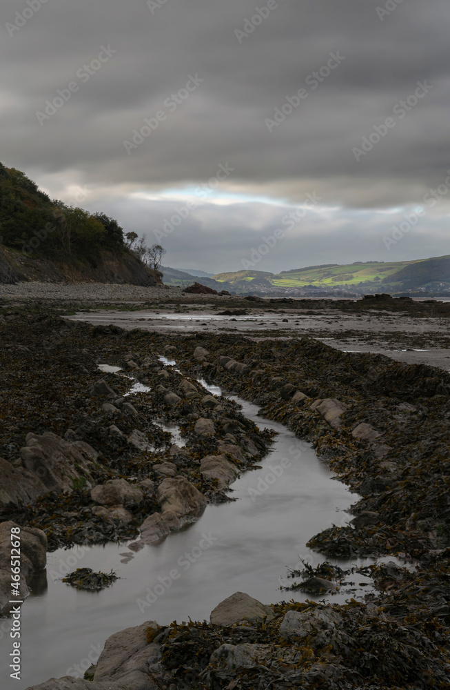 Somerset UK beach view with low tide seawater leading through seaweed to the countryside