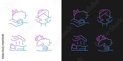 Facial and body treatments gradient icons set for dark and light mode. Craniosacral therapy. Thin line contour symbols bundle. Isolated vector outline illustrations collection on black and white