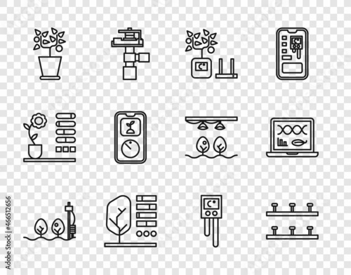 Set line Standalone sensor and plant, Automatic irrigation sprinklers, Smart farming technology, Plant status, pot, Temperature humidity and Genetic engineering modification icon. Vector