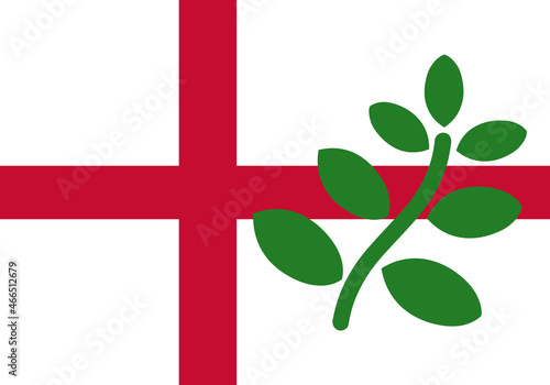 Bandera de Bolonia con una cruz roja sobre fondo blanco y una rama verde como símbolo de ecología
