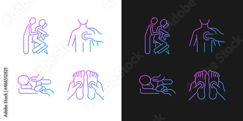 Massage therapy techniques gradient icons set for dark and light mode. Pressing on trigger points. Thin line contour symbols bundle. Isolated vector outline illustrations collection on black and white
