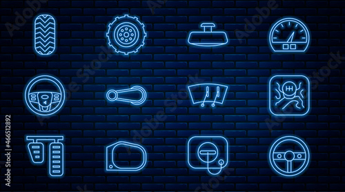 Set line Steering wheel, Gear shifter, Car mirror, door handle, tire, Windscreen wiper and icon. Vector