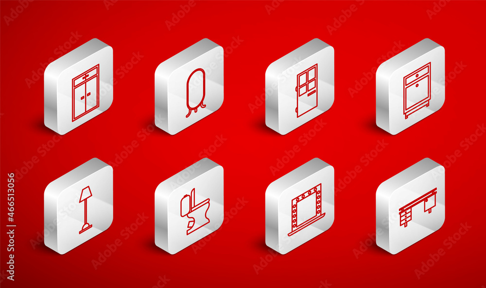 Set line Office desk, Big full length mirror, Closed door, Furniture nightstand, Makeup with lights, Wardrobe, Toilet bowl and Floor lamp icon. Vector Set line Office desk, Big full length mirror, Closed door, Furniture nightstand, Makeup with lights, Wardrobe, Toilet bowl and Floor lamp icon. Vector