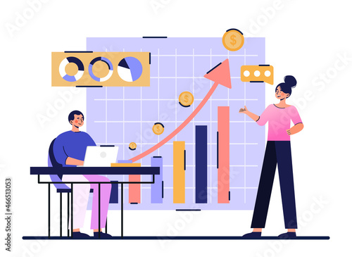Business briefing concept. Man and woman analyze statistics and draw up task plan for development of company. Characters ponder strategies for achieving success. Cartoon flat vector illustration