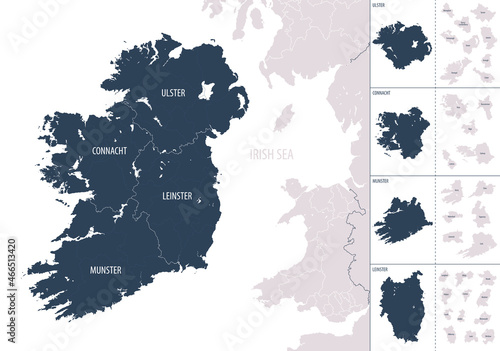 Vector color detailed map of Ireland with administrative divisions of the country  each provinces is presented separately in-highly detailed and divided into counties
