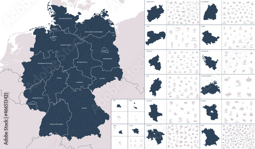 Vector color detailed map of Germany with administrative divisions of the country, each federal states is presented separately in highly detailed and divided into regions