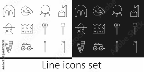 Set line Medieval axe, chained mace ball, Old keys, King crown, iron helmet, and icon. Vector