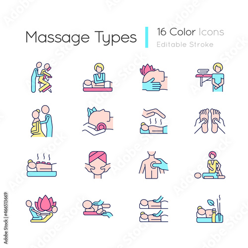 Massage types RGB color icons set. Physical health improvement. Applying pressure to muscles. Healing body. Isolated vector illustrations. Simple filled line drawings collection. Editable stroke