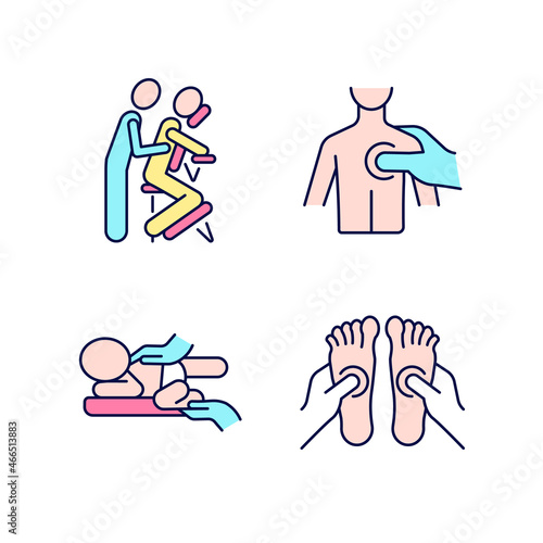 Massage therapy techniques RGB color icons set. Pressing on trigger points. Treating newborn colic. Reflexology. Isolated vector illustrations. Simple filled line drawings collection. Editable stroke