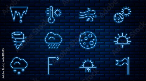 Set line Meteorology windsock wind vane, Sunrise, Wind, Cloud with rain, Tornado, Icicle, Moon and thermometer icon. Vector
