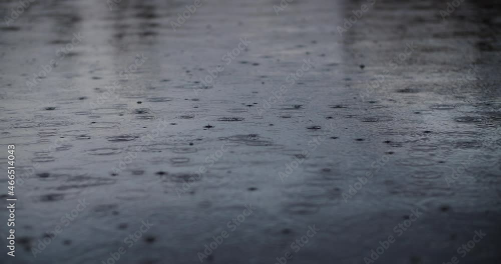 Heavy rain drops falling into a slow moving river in the evening, slow motion. Heavy rain drops falling into a slow moving river in the evening, slow motion.