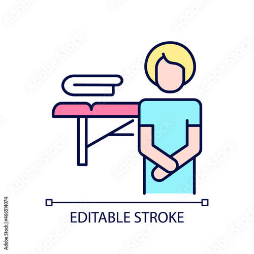 Massage practitioner RGB color icon. Professional physiotherapist. Healthcare worker. Massage therapist certification. Isolated vector illustration. Simple filled line drawing. Editable stroke