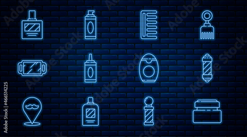 Set line Cream or lotion cosmetic tube, Classic Barber shop pole, Hairbrush, Bottle of shampoo, Hand mirror, Aftershave, and Shaving gel foam icon. Vector