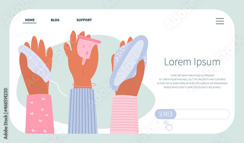 PMS сoncept banner girls hands with tampon, sanitary pads and menstrual cup. The menstrual period cycle vector illustrations
