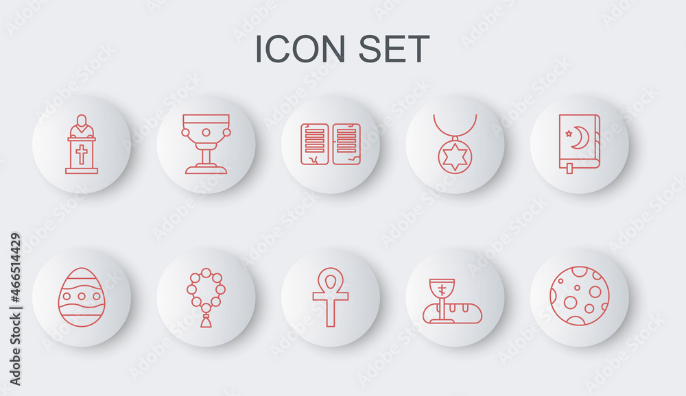 Set line Moon, Easter egg, The commandments, First communion symbols, Church pastor preaching, Christian chalice, Rosary beads religion and Cross ankh icon. Vector Set line Moon, Easter egg, The commandments, First communion symbols, Church pastor preaching, Christian chalice, Rosary beads religion and Cross ankh icon. Vector