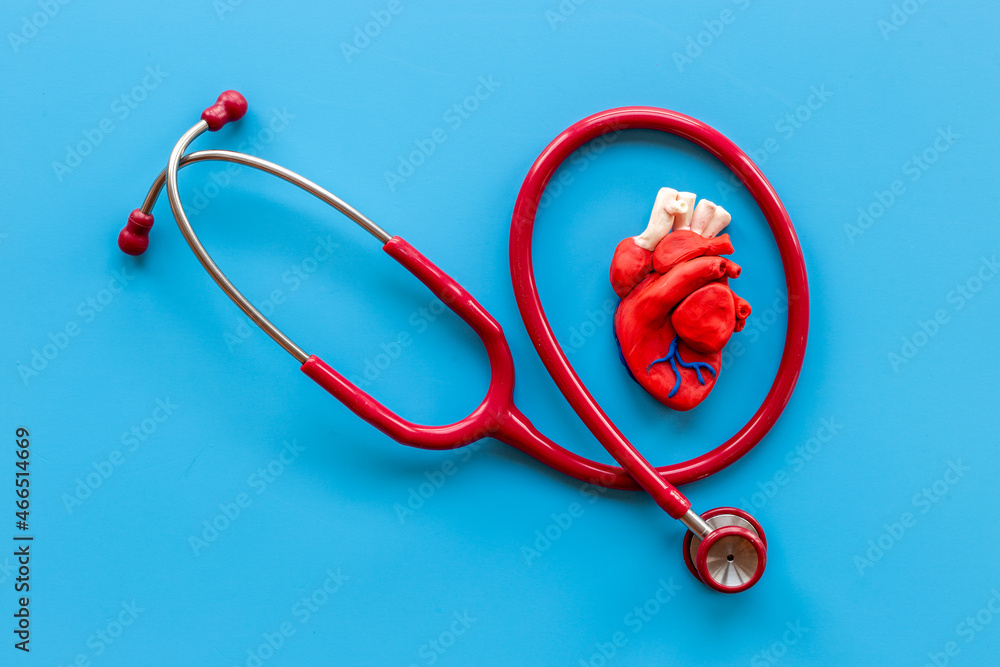 Human heart model with stethoscope top view. Health insurance and heart care concept Human heart model with stethoscope top view. Health insurance and heart care concept