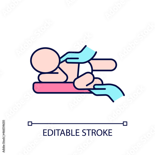 Infant massage RGB color icon. Practicing tummy time. Massaging baby back. Treating newborn colic. Helping infant relax. Isolated vector illustration. Simple filled line drawing. Editable stroke