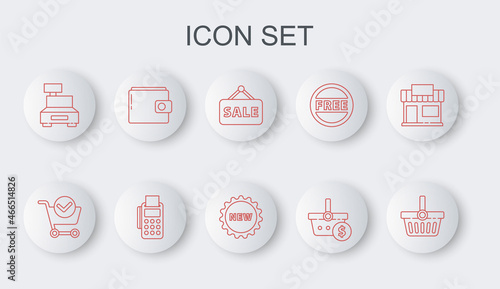 Set line Shopping basket, cart with check mark, Hanging sign Sale, and dollar, Cash register machine, Wallet, POS terminal credit card and Price tag text New icon. Vector