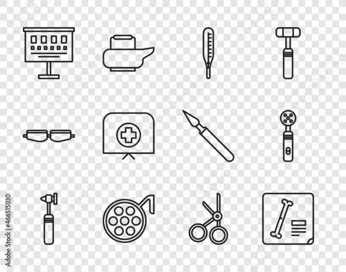 Set line Medical otoscope tool, X-ray shots, thermometer, Surgery lamp, Eye test chart, Nurse hat with cross, scissors and Electric toothbrush icon. Vector