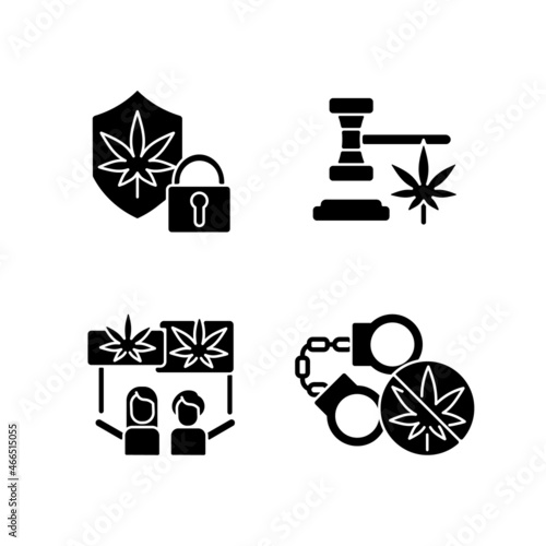 Legality of cannabis black glyph icons set on white space. Marijuana dispensaries protection. Legal drug use. Legalization protest. Law violation. Silhouette symbols. Vector isolated illustration
