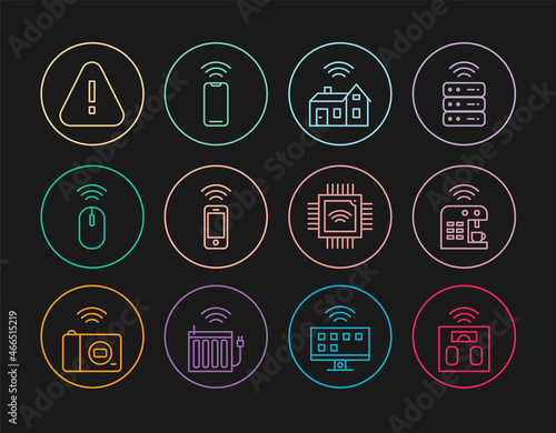 Set line Smart bathroom scales, coffee machine, home with wireless, Wireless smartphone, mouse, Exclamation mark triangle, Processor microcircuits CPU and icon. Vector