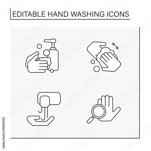 Hand washing line icons set. Rules for cleaning palms. Disinfection. Hygiena concept. Isolated vector illustrations. Editable stroke