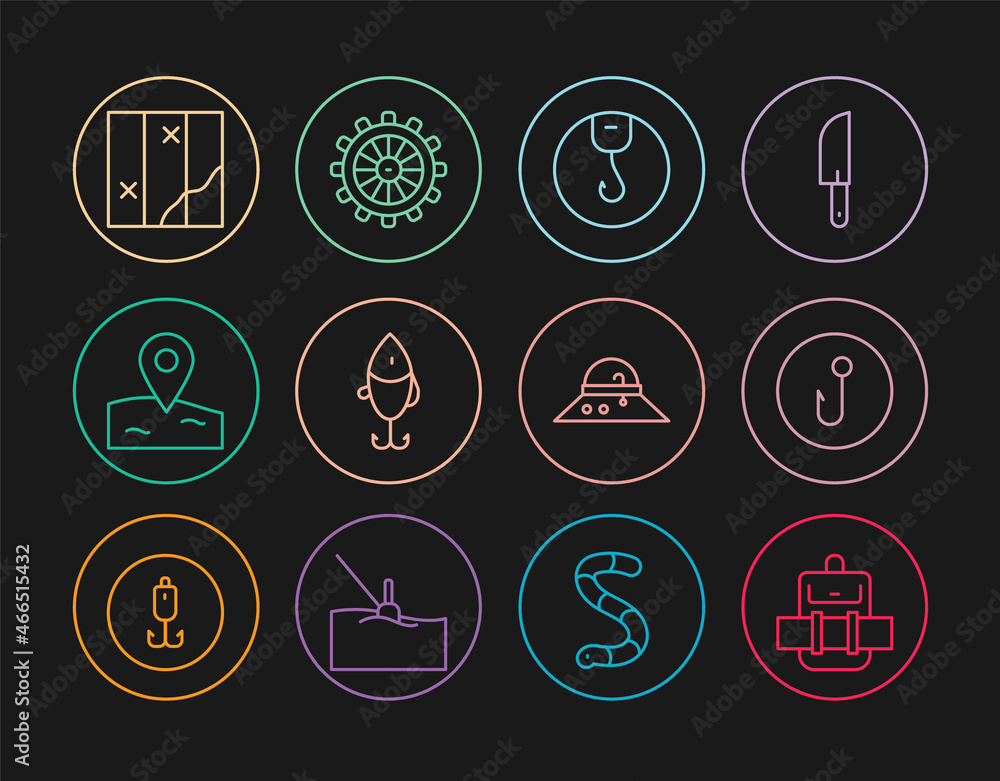 Set line Hiking backpack, Fishing hook, lure, Location fishing, Folded map, Fisherman hat and Ship steering wheel icon. Vector