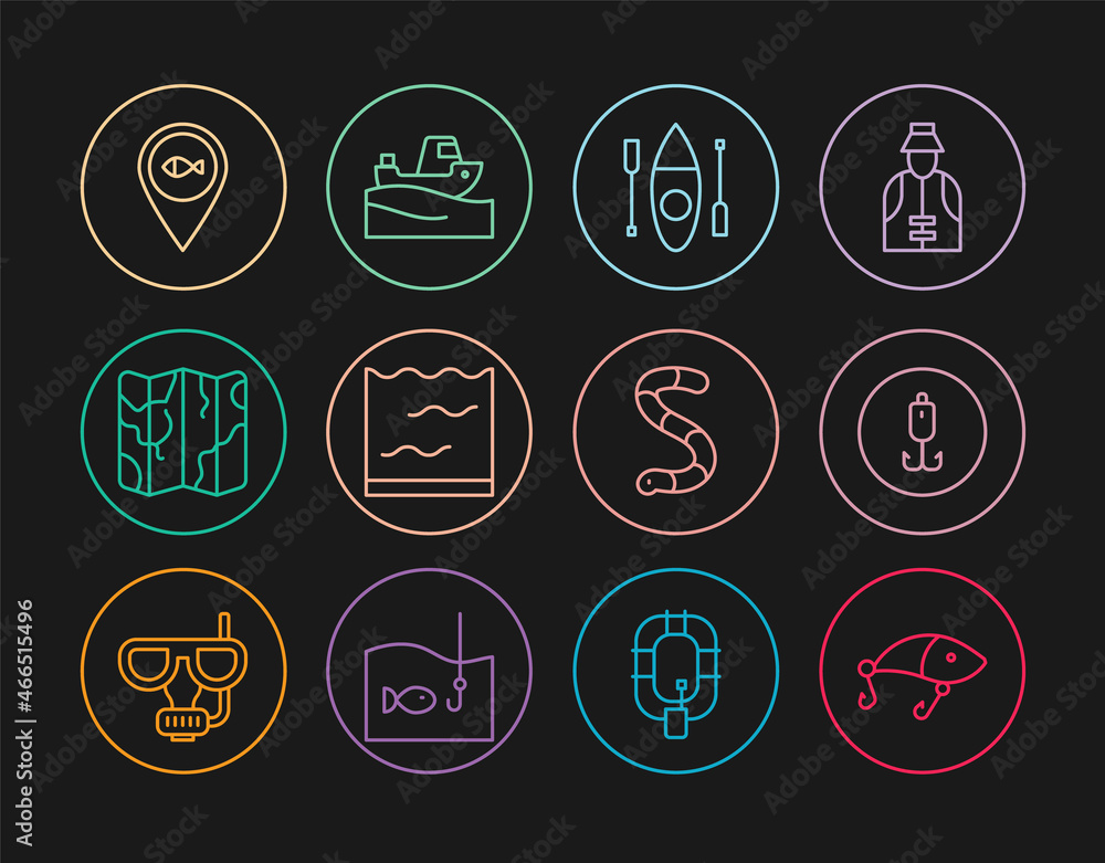 Set line Fishing lure, hook, Kayak or canoe, Aquarium, Folded map, Location fishing, Worm and boat water icon. Vector Set line Fishing lure, hook, Kayak or canoe, Aquarium, Folded map, Location fishing, Worm and boat water icon. Vector