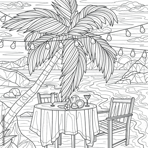 Table with cocktails near the palm tree. Sunset by the sea.Romantic dinner.Coloring book antistress for children and adults. Illustration isolated on white background.Zen-tangle style. Hand draw