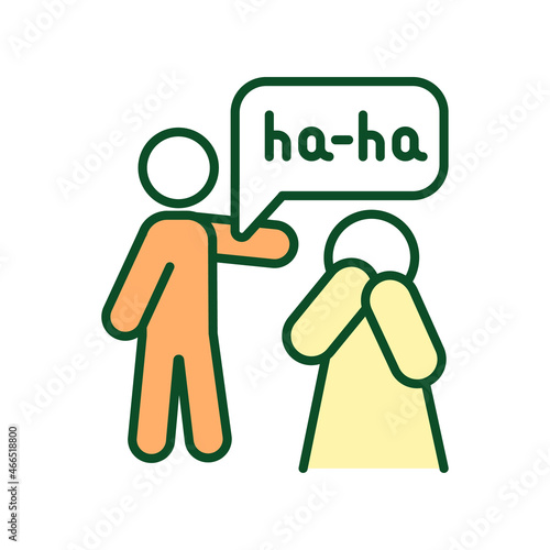 Mockery RGB color icon. Laughing at someone. Mocking behavior and speech. Harming and humiliating others with laugh. Aggressive behavior. Isolated vector illustration. Simple filled line drawing