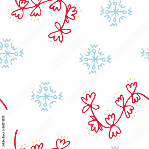 Cute Christmas vector pattern in the form of elegant curved branches of bright red color with flowers and yellow dots on a white background with blue snowflakes. The perfect festive winter pattern