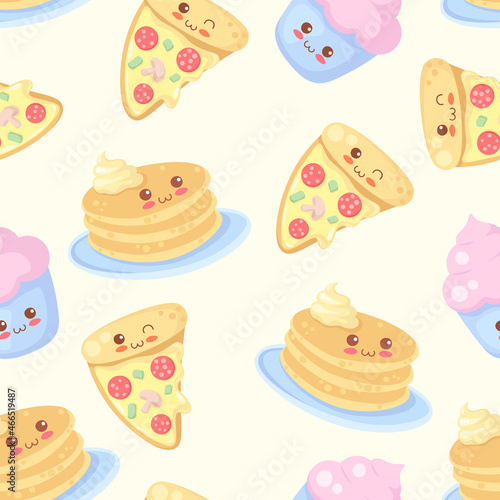 Pancakes, cupcake and pizza slice cartoon characters. Vector kawaii fast food illustration in cute cartoon style. Seamless pattern in light colors. Adorable kids menu decoration, banner, fabric print.