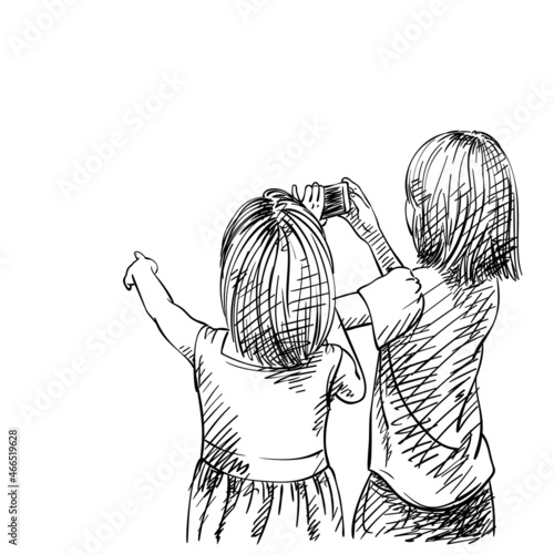 Back view of two asian child girls pointing with finger and taking photo with compact camera, Hand drawn vector illustration