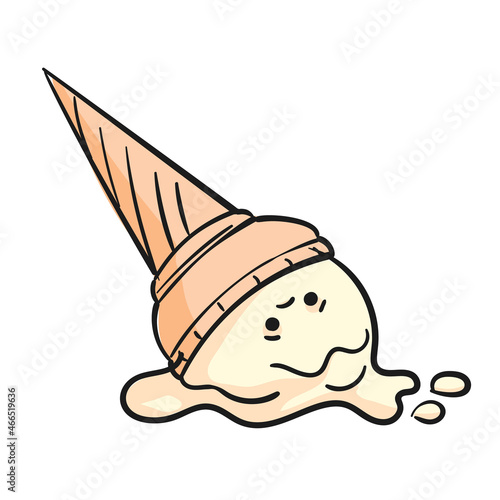 Dropped ice cream doodle simple vector illustration, One scoop with sad kawaii face in waffle cone cold delicious dessert clipart