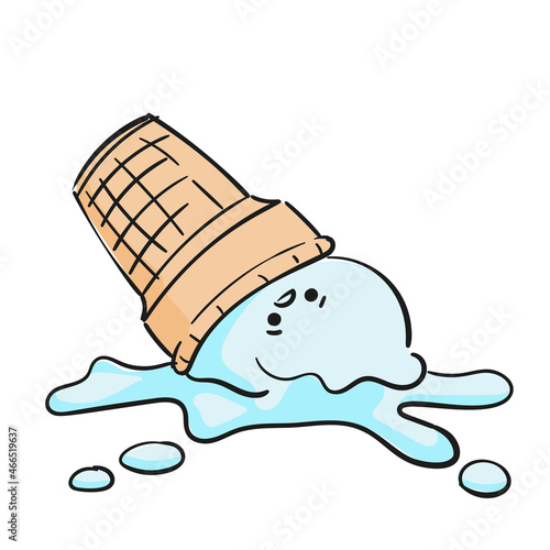 Dropped ice cream doodle character simple vector illustration, One scoop with disappointed unhappy kawaii face in waffle cup cold delicious dessert clipart