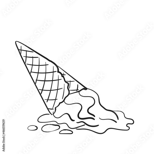 Dropped ice cream doodle, Black line soft icecream in waffle cone clipart on white background, Vector illustration