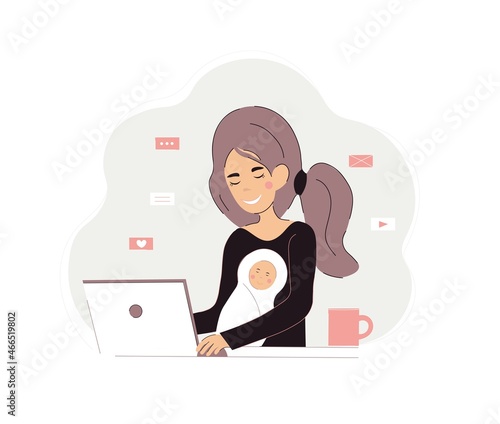 Young mom freelancer with newborn baby working at home