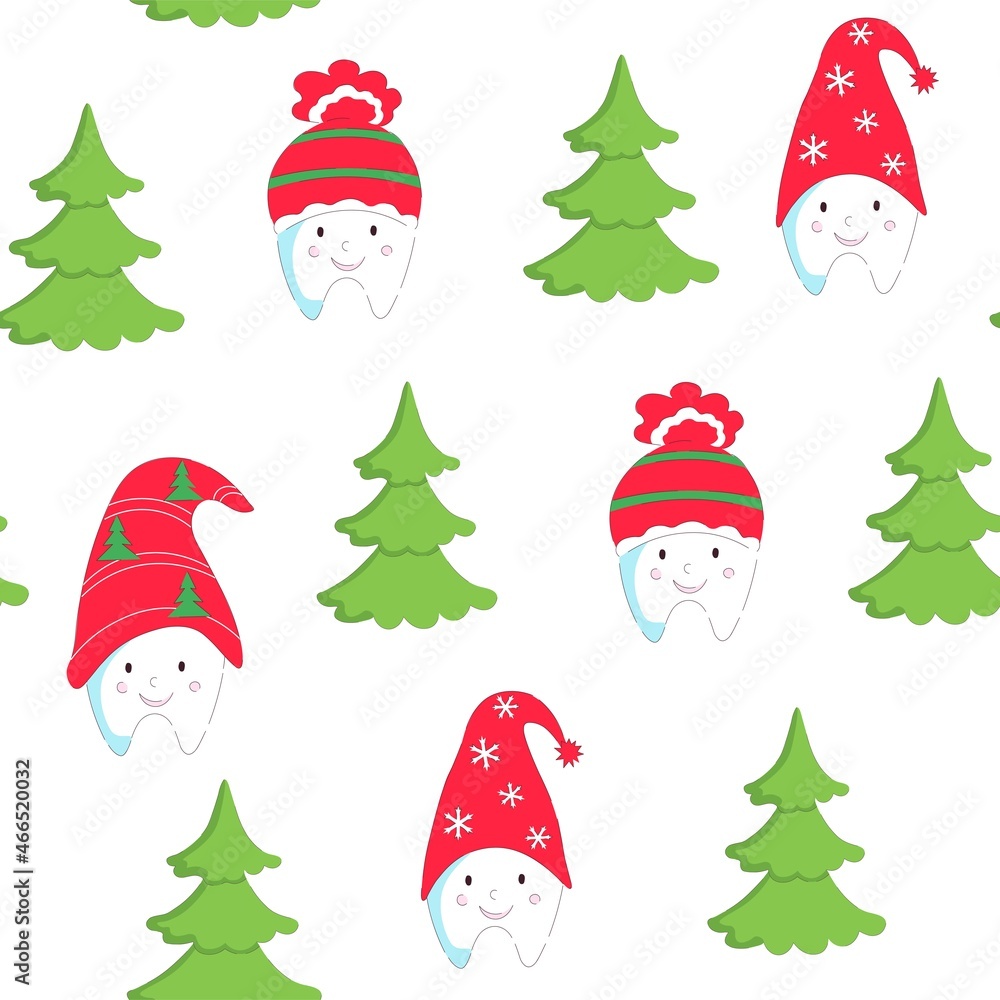 Seamless pattern of Christmas teeth in Santa hats with new year tree. Vector holiday background