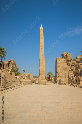 Anscient Temple of Karnak in Luxor - Ruined Thebes Egypt. Sacred obelisk with hieroglyphs in Karnak temple.Temple of Amon-Ra