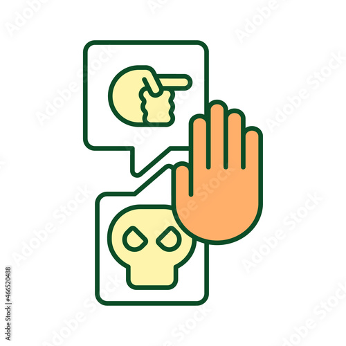 Tackling hate speech RGB color icon. Abusive content in social media restricting. Harassing comments moderation. Blocking haters attacks. Isolated vector illustration. Simple filled line drawing