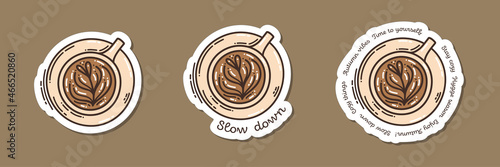 Colorful hand-drawn autumn mood sticker set with a cup of cappuccino, in doodle style isolated on white background. Cute vector collection for seasonal decoration.