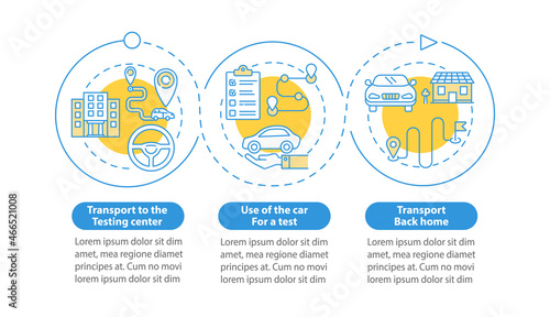 Drivers exam services vector infographic template. School offers presentation outline design elements. Data visualization with 3 steps. Process timeline info chart. Workflow layout with line icons
