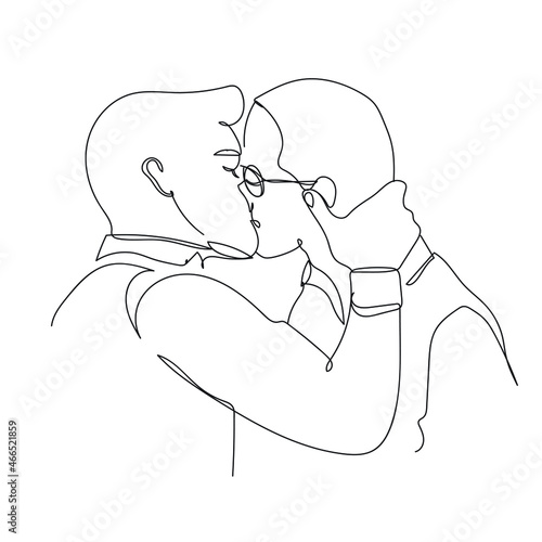 Gays are kissing. Homosexual couple. Vectot isolated line drawing. Black and white illustration of men couple. Boyfrends. LGBT. Love, kiss. St. Valentine