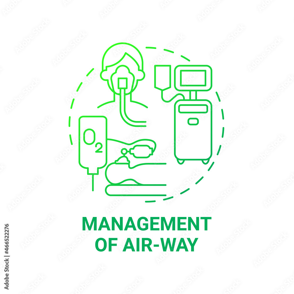 Management of air way green gradient concept icon. Pulmonary rehabilitation abstract idea thin line illustration. First aid medical procedure. Oxigenation. Vector isolated outline color drawing Management of air way green gradient concept icon. Pulmonary rehabilitation abstract idea thin line illustration. First aid medical procedure. Oxigenation. Vector isolated outline color drawing