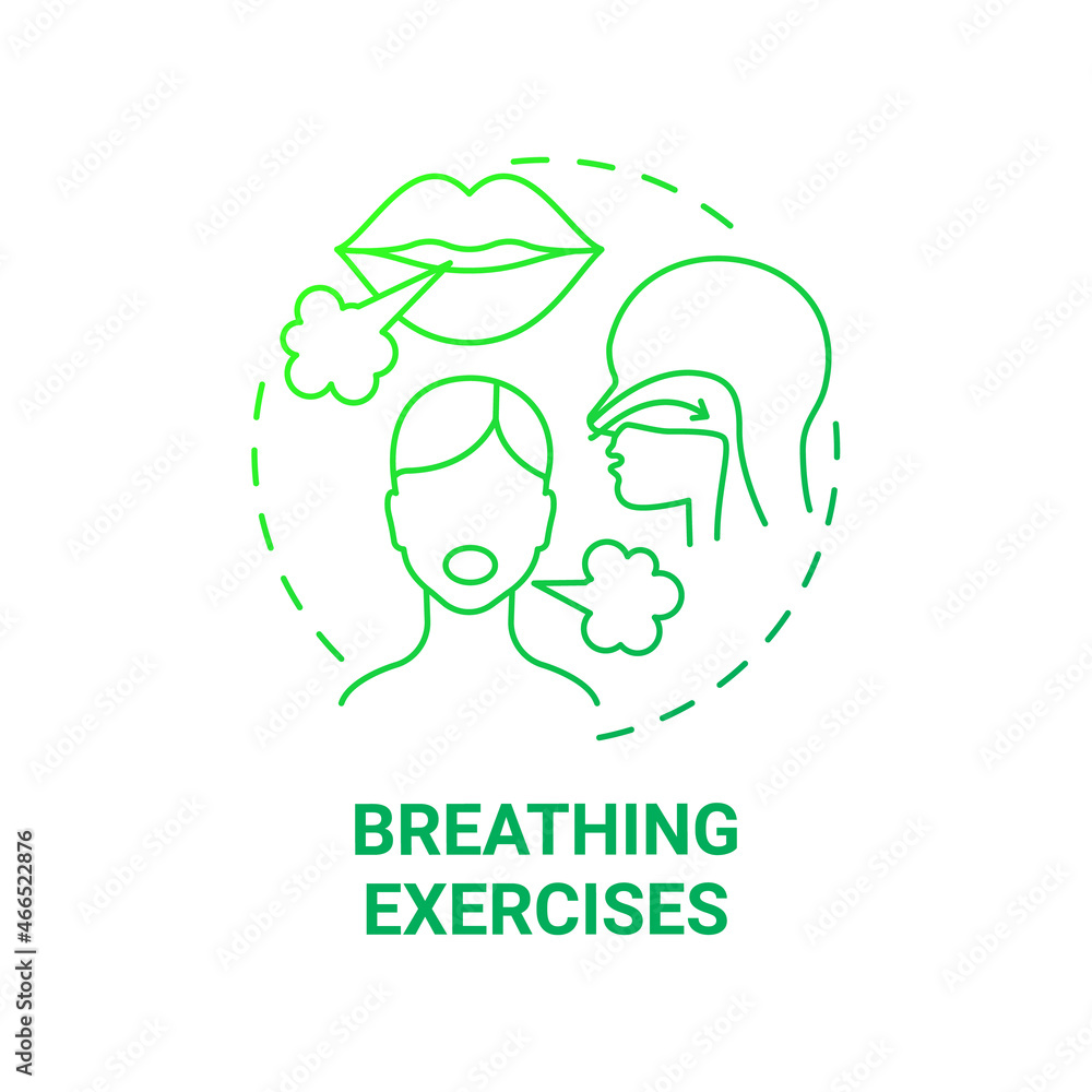 Breathing exercises green gradient concept icon. Respiratory rehabilitation abstract idea thin line illustration. Diaphragmatic and deep breathing. Vector isolated outline color drawing Breathing exercises green gradient concept icon. Respiratory rehabilitation abstract idea thin line illustration. Diaphragmatic and deep breathing. Vector isolated outline color drawing