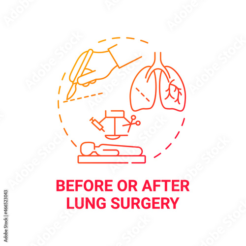 Before and after lung surgery red gradient concept icon. Pulmonary operation abstract idea thin line illustration. Preparation and recovery. Lungs therapy. Vector isolated outline color drawing