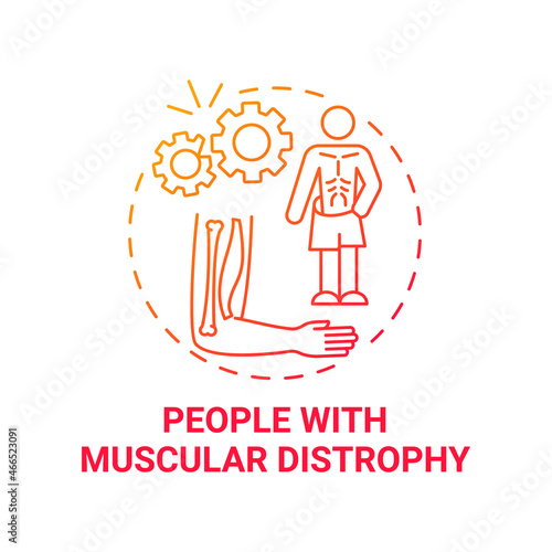 People with muscular distrophy red gradient concept icon. Pulmonary rehab abstract idea thin line illustration. Muscle weakness, loss. Genetic disorder. Vector isolated outline color drawing