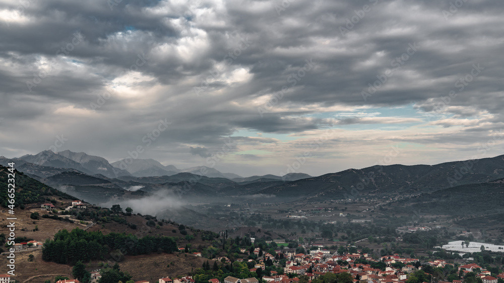 Morning fog over a Greek mountain village